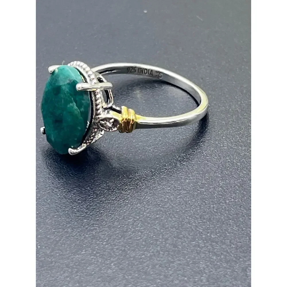 Designer Signed Sterling 925 India YS Natural Green Faceted Prong Beryl Ring‎ 9